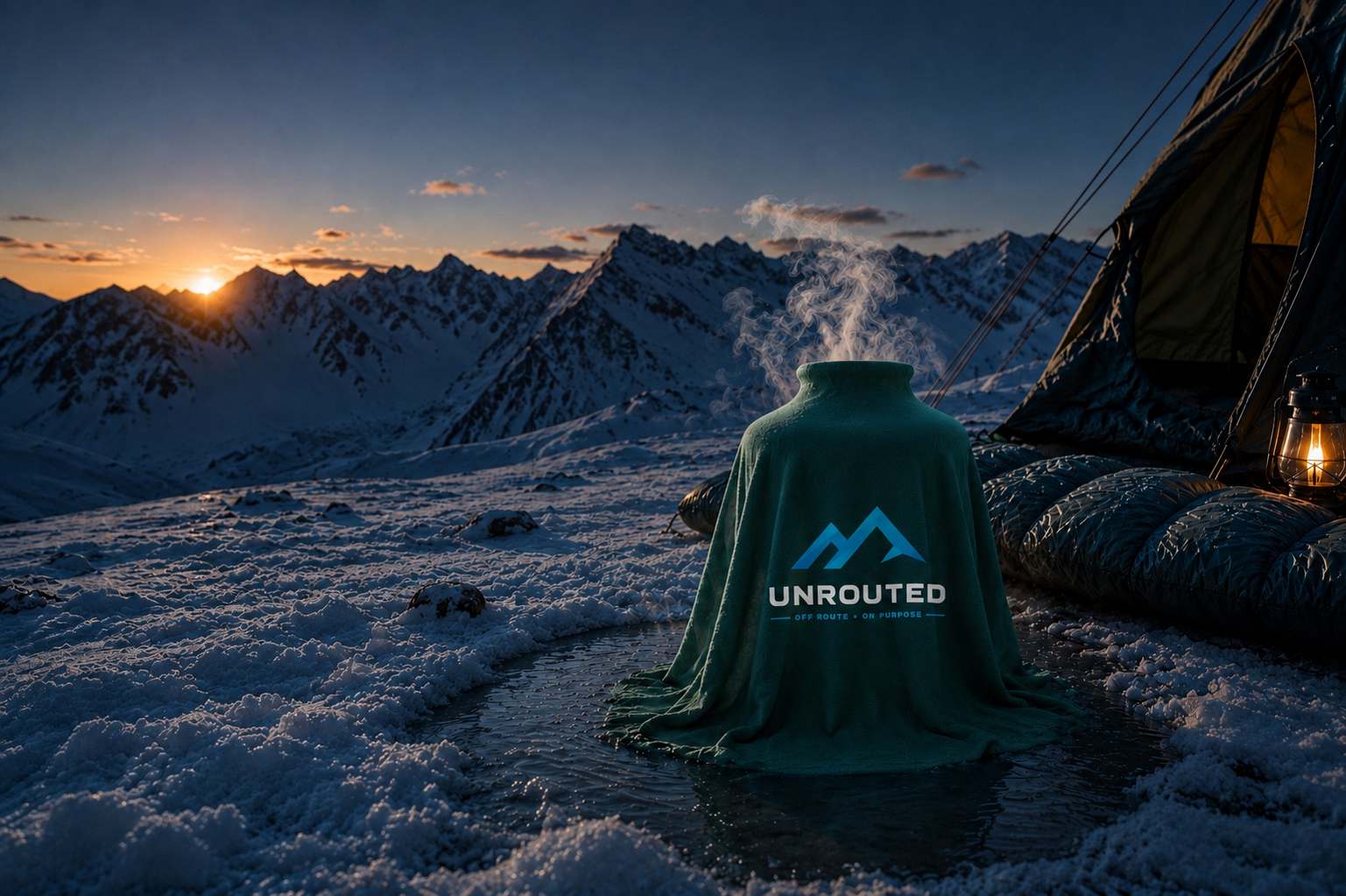 A covered UNROUTED product beside a lantern-lit tent in the snowy mountains at sunset