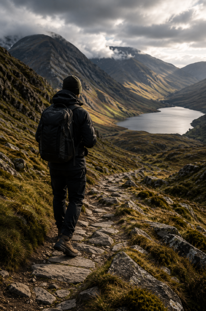 Hiker on a stone path above a highland loch