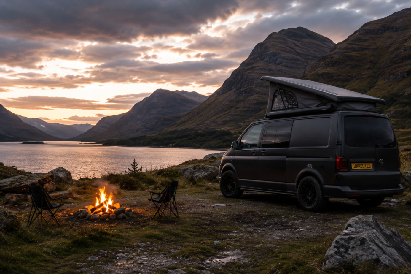 Camper van parked beside a loch at sunset