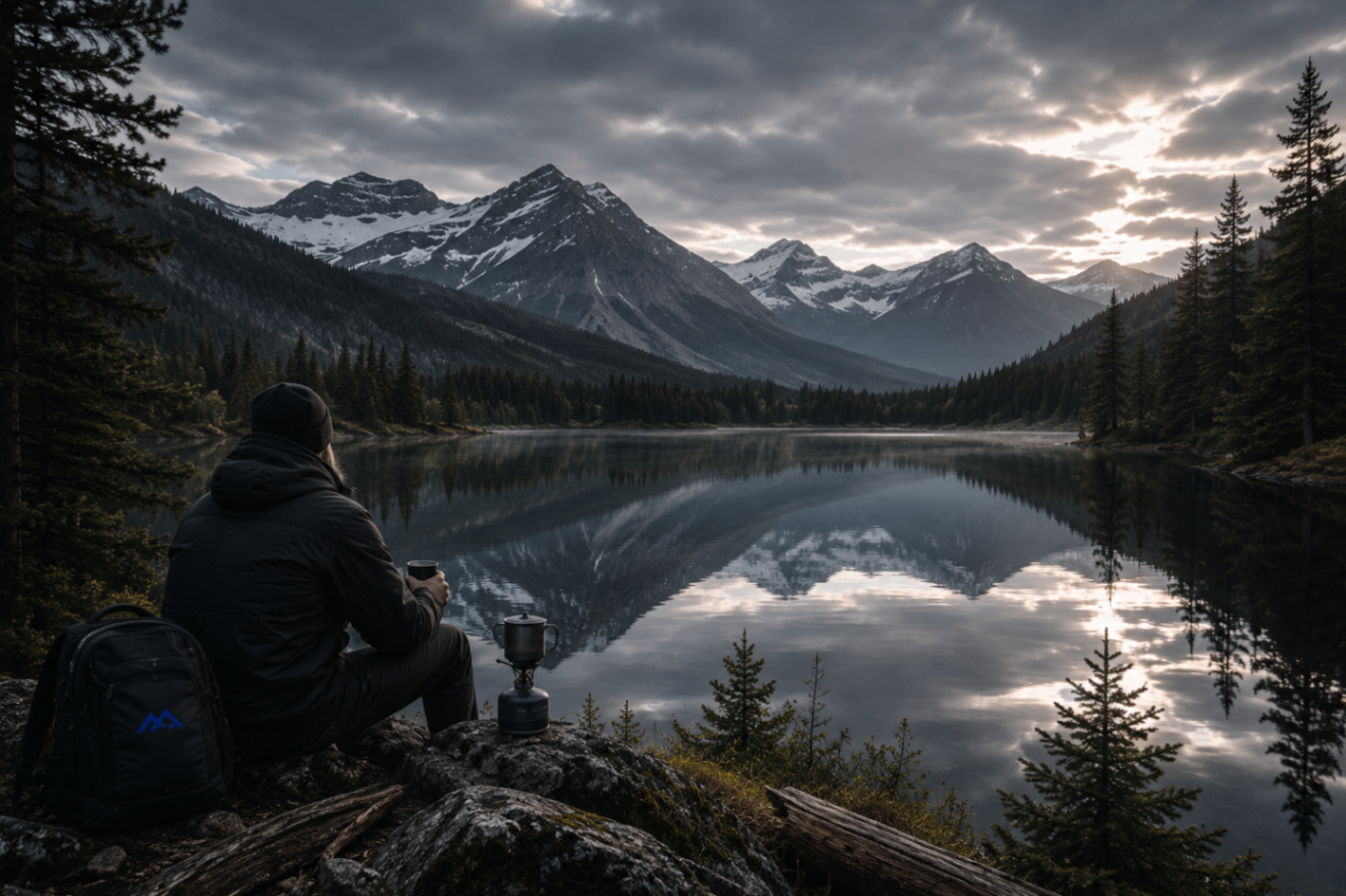 Walker in a technical jacket beside a still lake